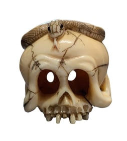 Memento Mori Hand Carved Japanese Skull & Snake Netsuke