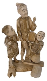 Incredible 10" Hand Carved Japanese 3 Figure Fishing Vignette Sculpture