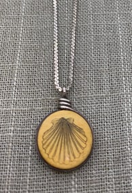 Scrimshaw Nautical Scallop Shell Pendant on 925 Silver Chain
