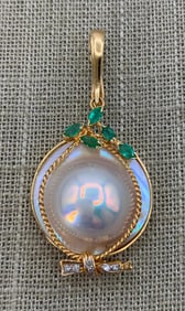 14k Yellow Gold, Emeralds, Diamonds & Mabe Pearl Pendant