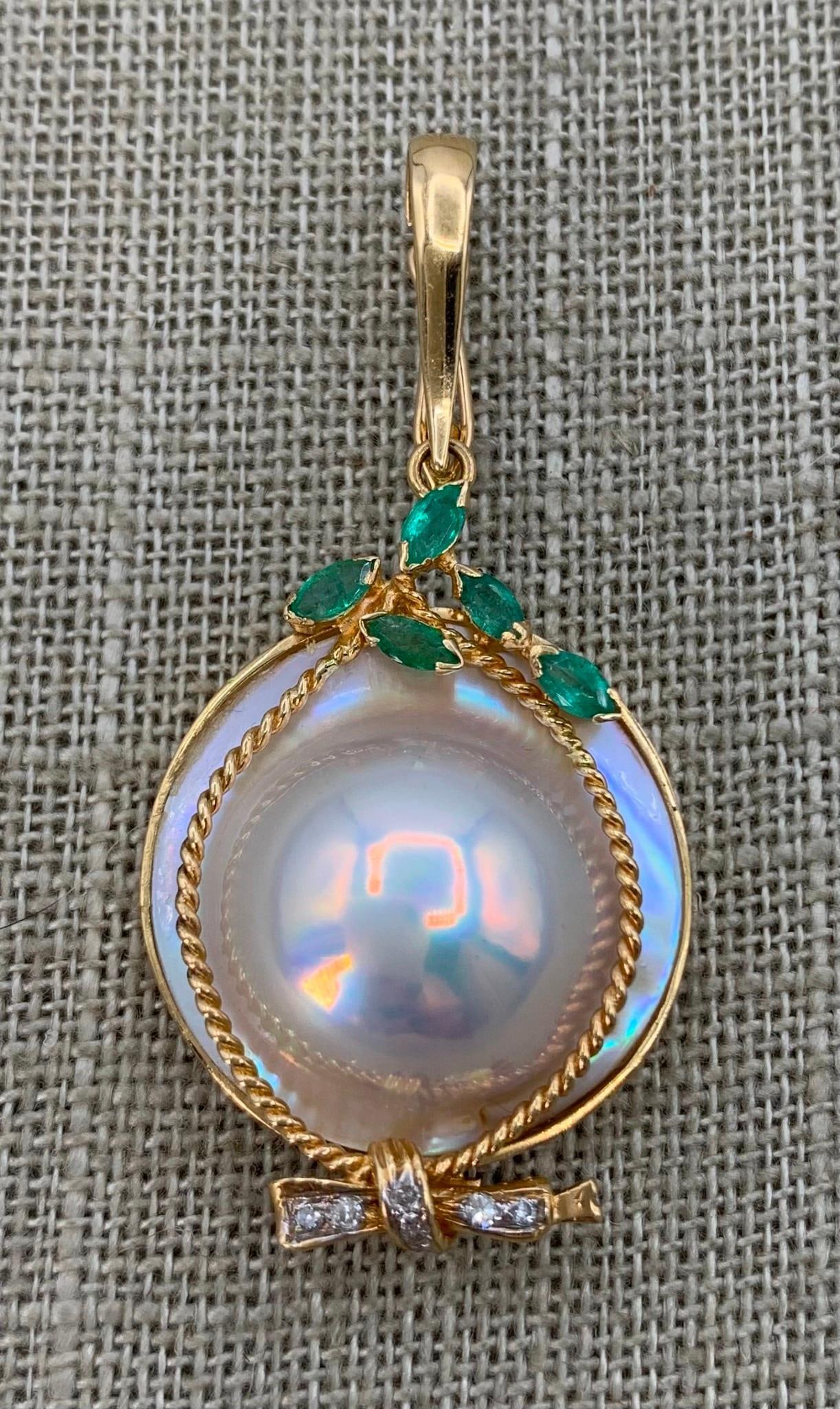 14k Yellow Gold, Emeralds, Diamonds & Mabe Pearl Pendant (1 of 8)