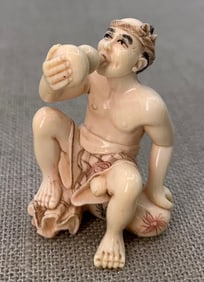 Erotic Hand Carved Japanese Drinking Man Netsuke