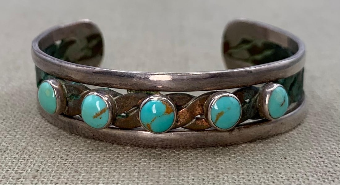 Vintage Native American Sterling, Copper & Turquoise Cuff Bracelet (1 of 6)