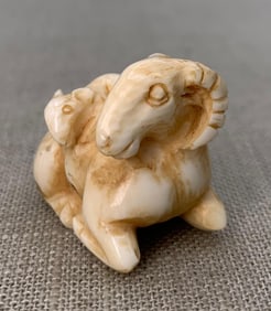 Hand Carved Japanese Goat & Rat Netsuke