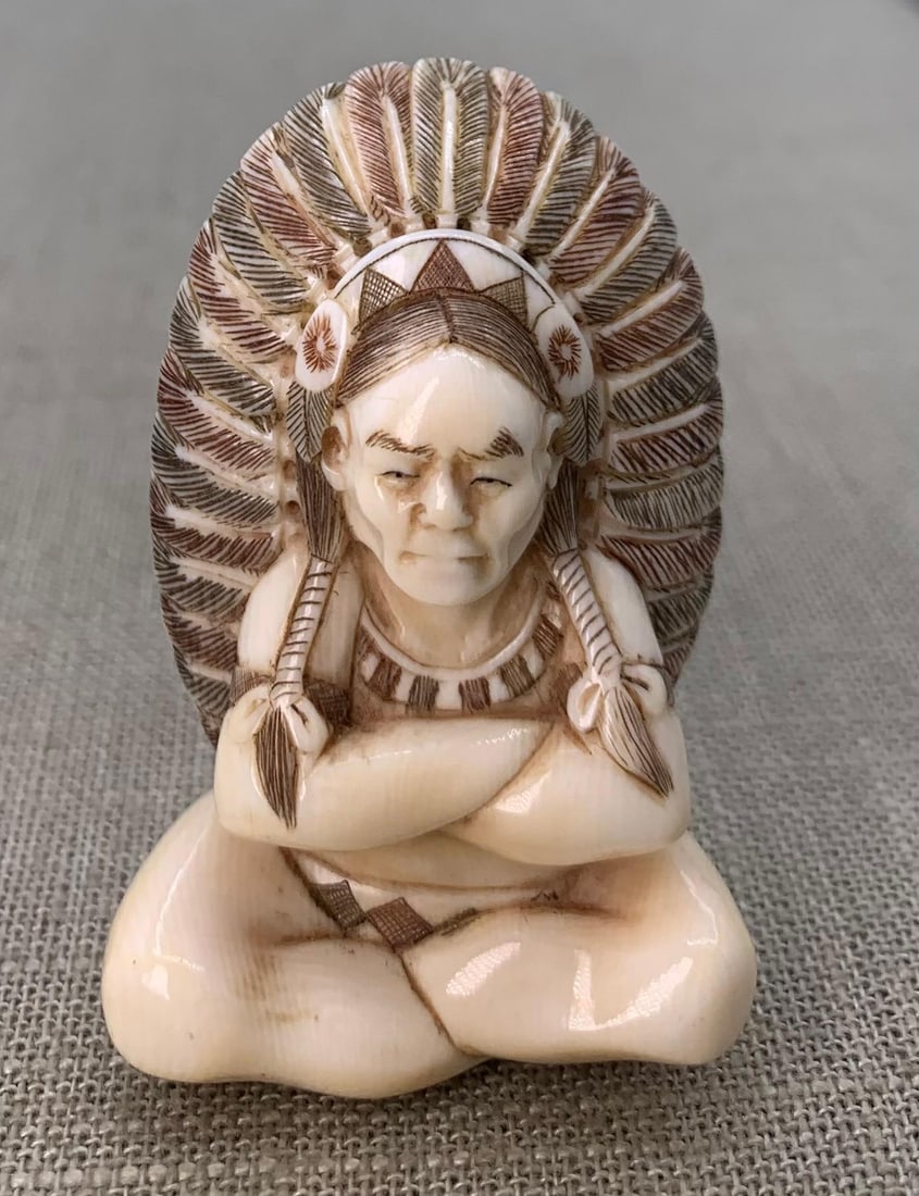 Hand Carved Indian Chief Japanese Netsuke (1 of 7)