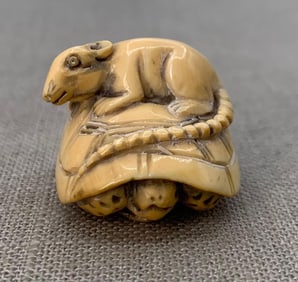 Hand Carved Japanese Turtle & Rat Netsuke