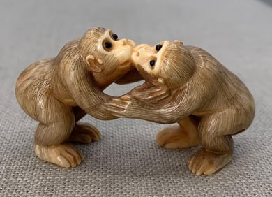 Hand Carved Japanese Kissing Monkeys Netsuke