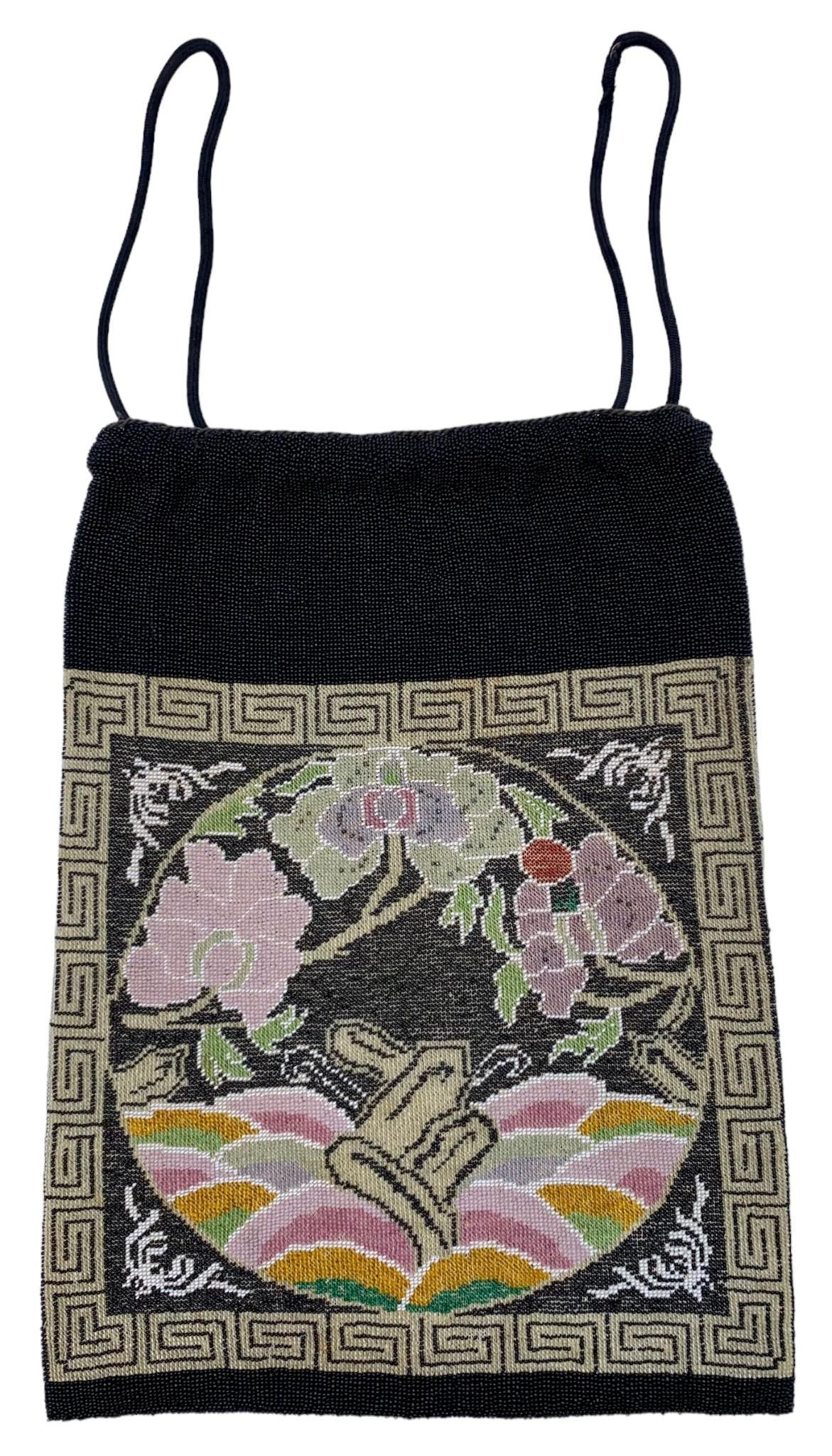 Arts and Crafts Micro Beaded Ladies Reticule: Superb antique micro seed bead reticule with wool drawstring closure, black silk jacquard lining, 11" x 8" in Exceptional condition.