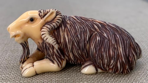 Hand Carved Japanese Horned Ram 2 Netsuke