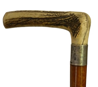 Early Stag Horn Handle & Sterling Walking Stick, Folk Cane