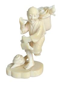 Intricate Hand Carved Japanese Dancing Man with Snail Statue