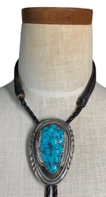 Zuni RLB Robert/Bernice Leekya Sterling, Turquoise & Leather Bolo
