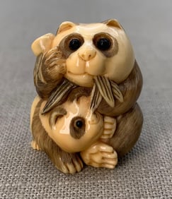 Hand Carved Japanese Mama Panda & Cub Netsuke