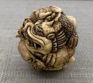 Hand Carved Dragon and Animal Ball Netsuke, Signed