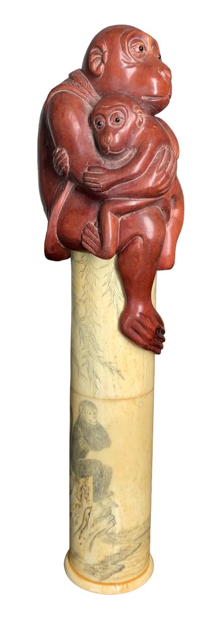 Monkey Wood & Bone Scrimshaw Scroll, Document, Holder: Stunning vintage scroll holder with intricate monkey scrimshaw and carved wood topper, artist signed, 8 3/4" x 2 3/4".