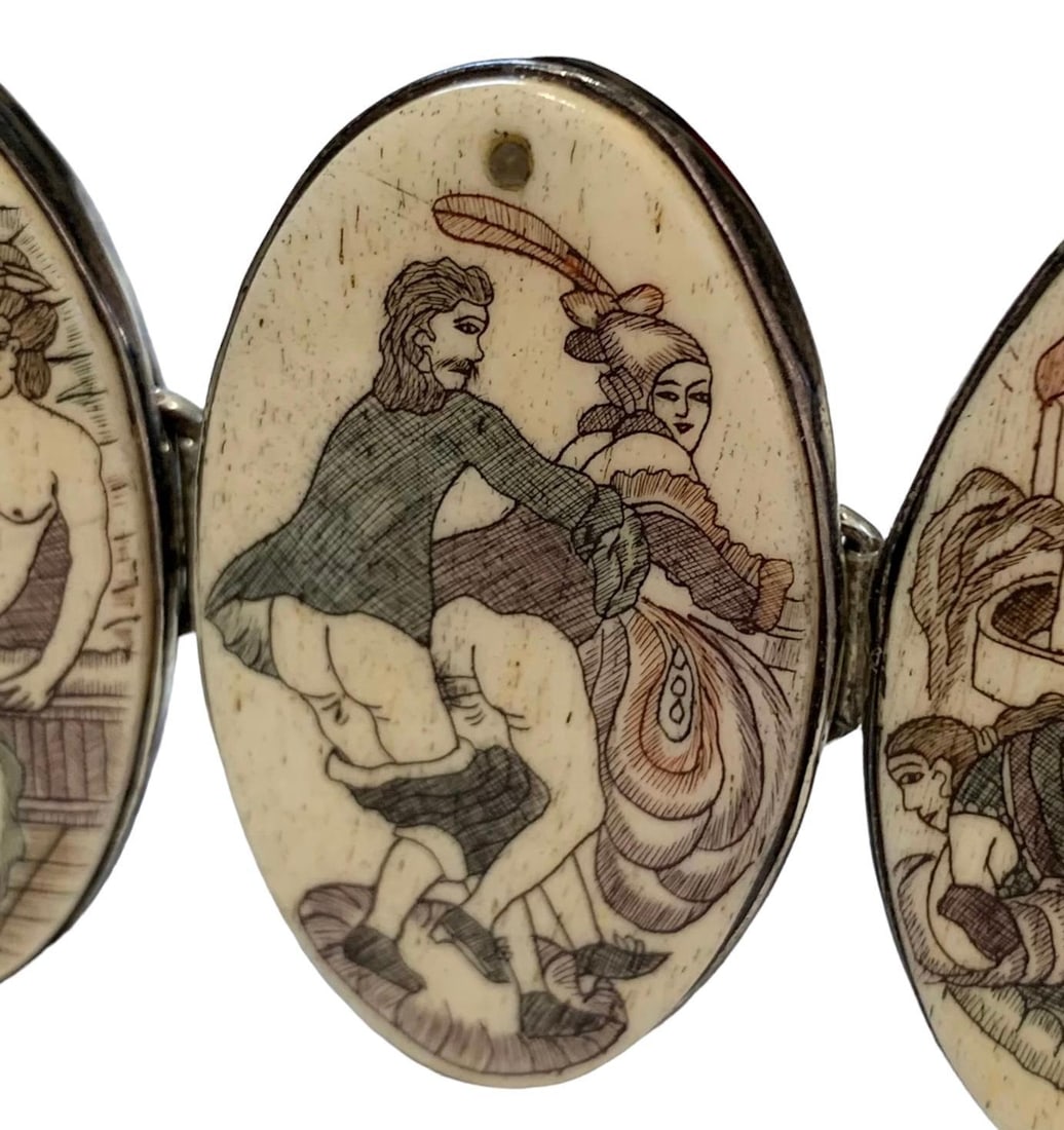 Erotic Bone Medallion Dragon Boudoir Scene Scrimshaw Bracelet: Outstanding 8" x 2" early erotica scrimshaw bracelet with dragons carved on one side and racy adult activities on the other, with working closure, set in Silver.