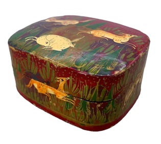 Vintage Russian Lacquer Lidded Woodland Animal Trinket, Jewel, Box