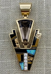 22 Gram 14k Gold Navajo Peterson Chee Diamond & Gemstone Pendant