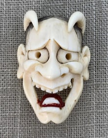Hand Carved Hannya Demon Japanese Natural Material Slide Netsuke Ornament