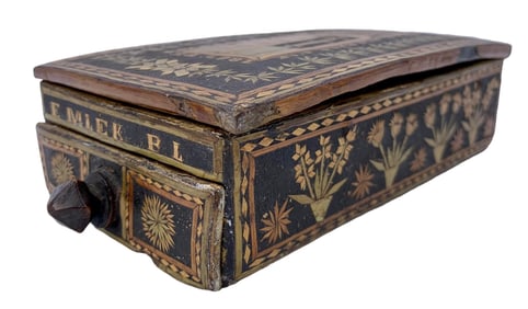 1867 Russian Folk Art Straw Work Marquetry Memory Picture Box