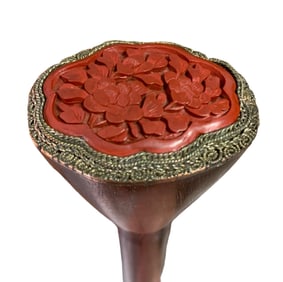Carved Chinese Cinnabar Lacquer Silver Rope Filigree Rosewood Cane