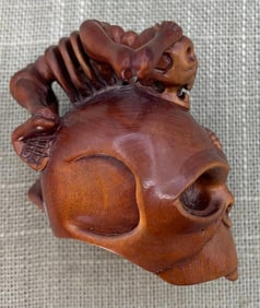 Japanese Hand Carved Skull & Monkey Skeleton Exotic Wood Netsuke