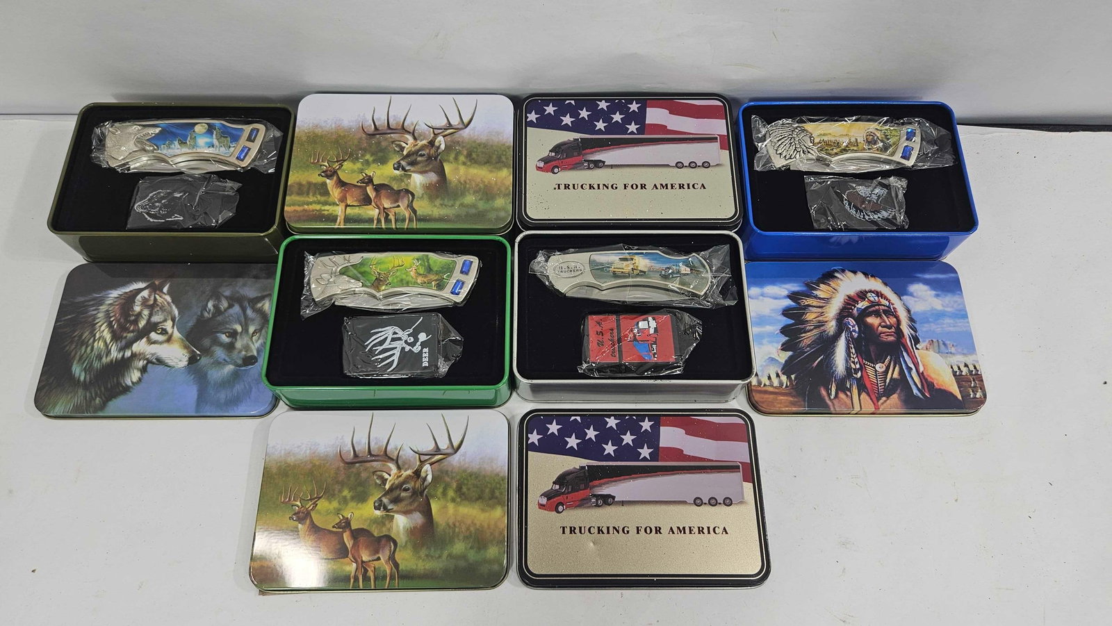 LOT OF 6 VARIOUS FIXED BLADE KNIFE AND LIGHTER GIFT SETS IN TIN (1 of 5)