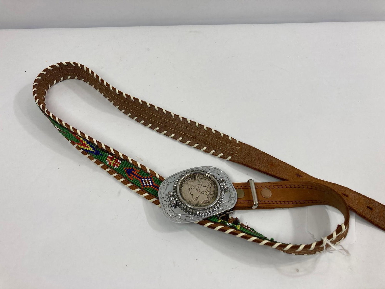 1922 PEACE DOLLAR BUCKLE WITH BEADED BELT: BELT IS 38 INCHES LONG