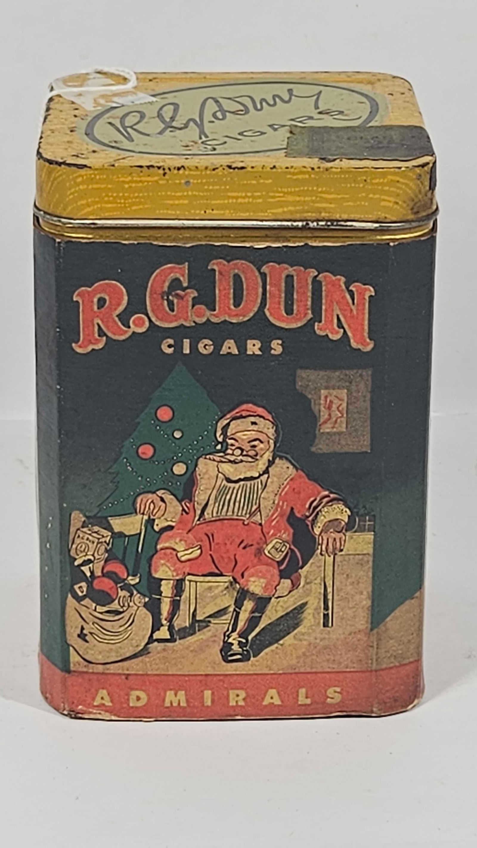 R.G.DUNN CHRISTMAS CIGAR TIN: GREAT GRAPHICS ON ALL 4 SIDES. 5X3.5 X 3.5