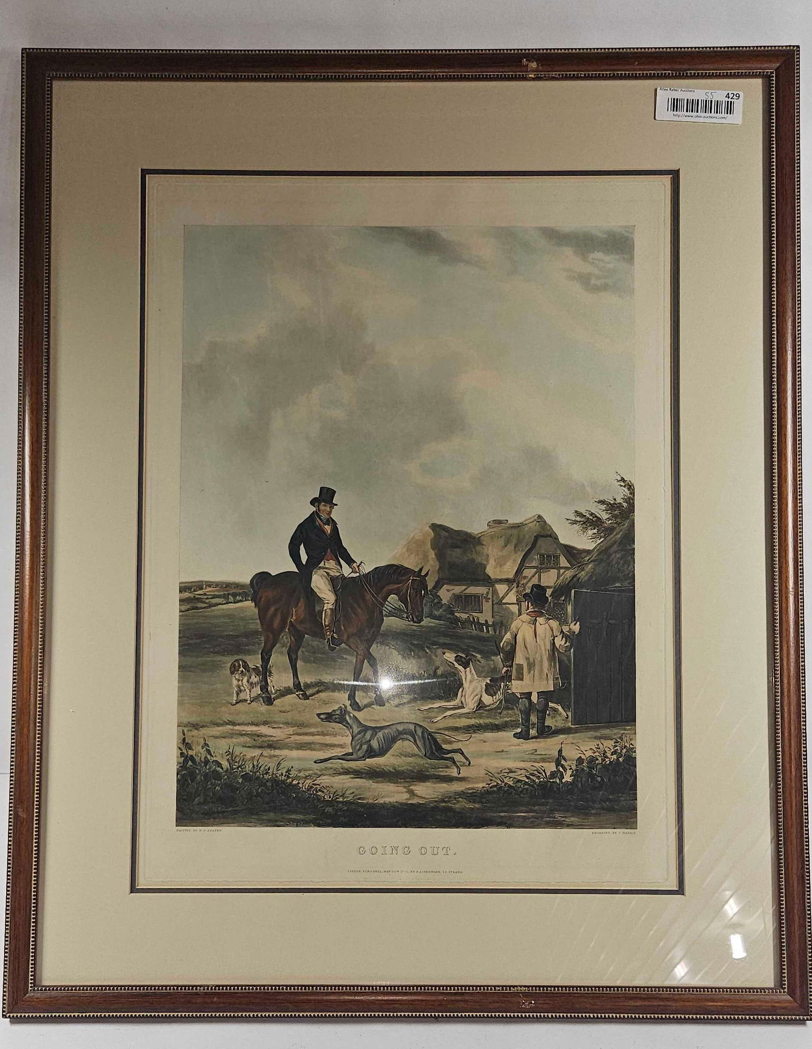 GOING OUT FRAMED ENGRAVING: REPRINT OF ORIGINAL 1830 PUBLISHING. BY J. HARRIS. 29X24