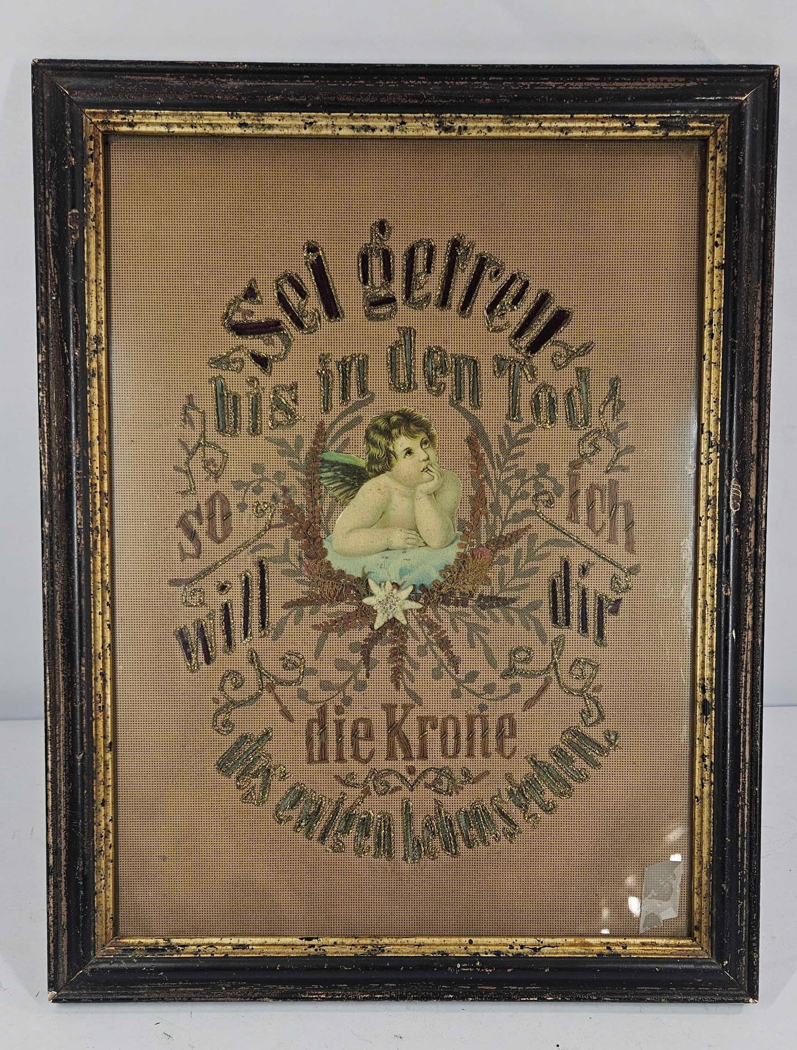 GERMAN RELIGIOUS EMBROIDERY IN FRAME: 18X14