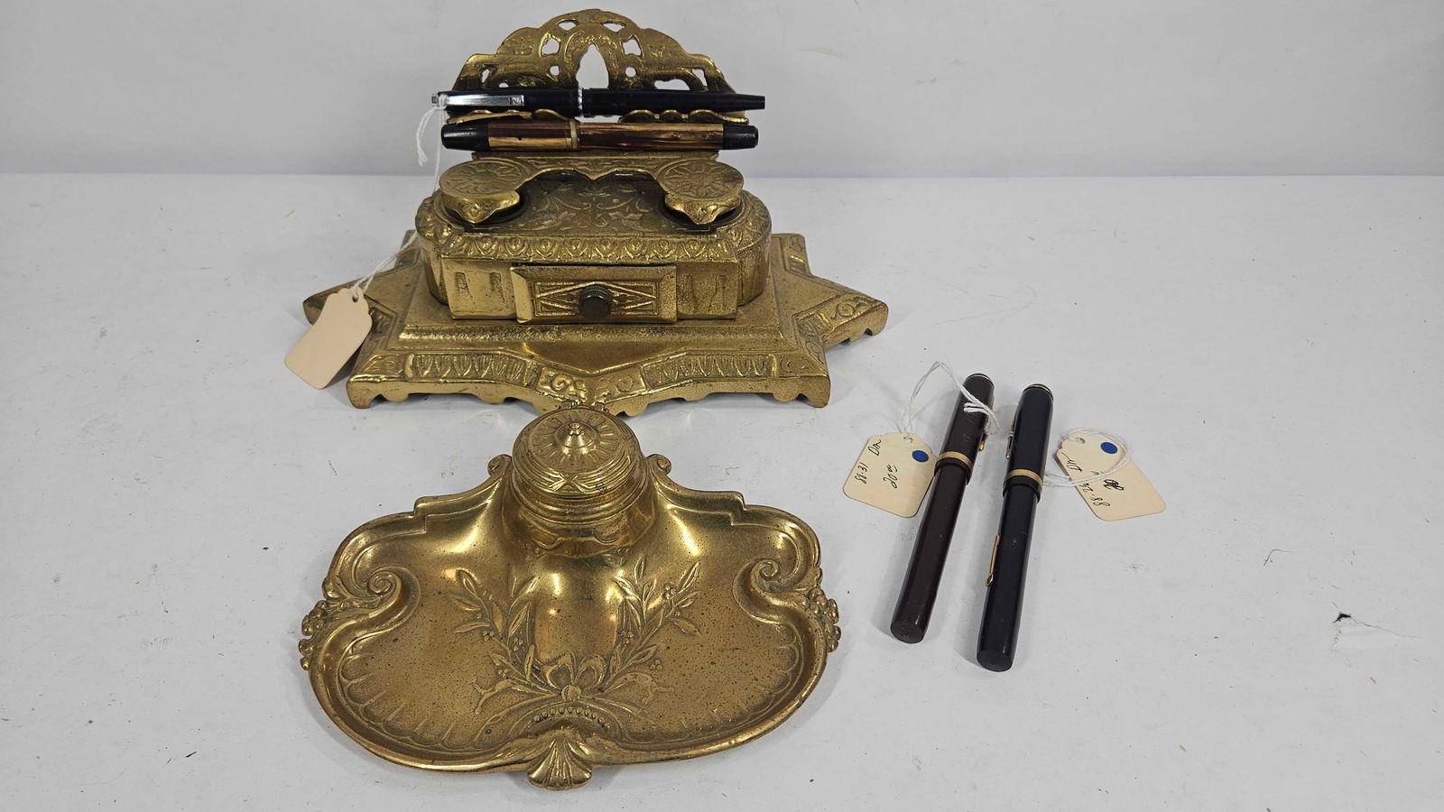 BRADLEY AND HUBBARD SOLID BRASS INKWELL AND FOUNTAIN PENS (1 of 7)