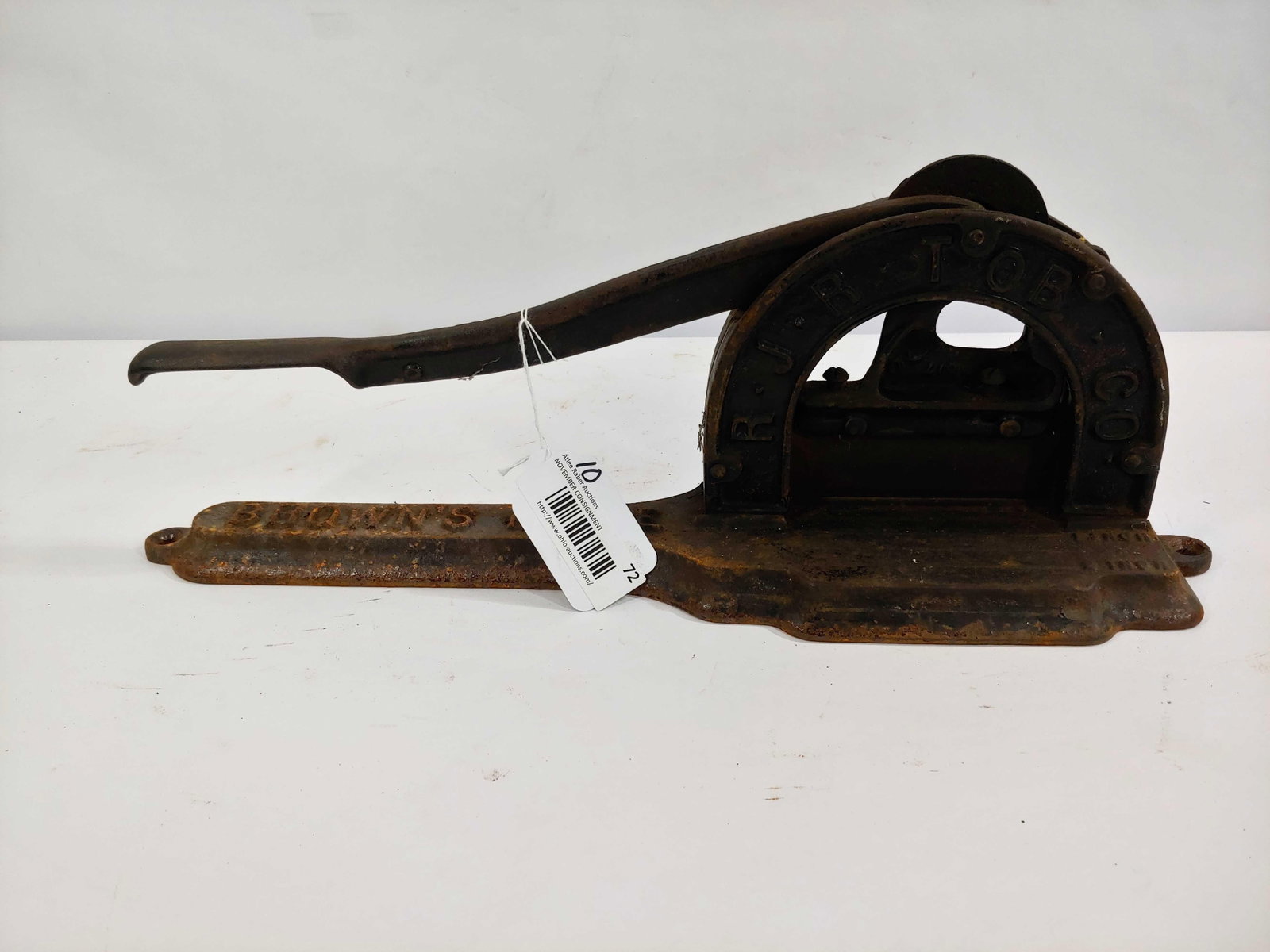 BROWN'S MULE TOBACCO CUTTER: SOME RUSTING SHOWS. HANDLE MOVES SMOOTHLY. 18 IN LONG