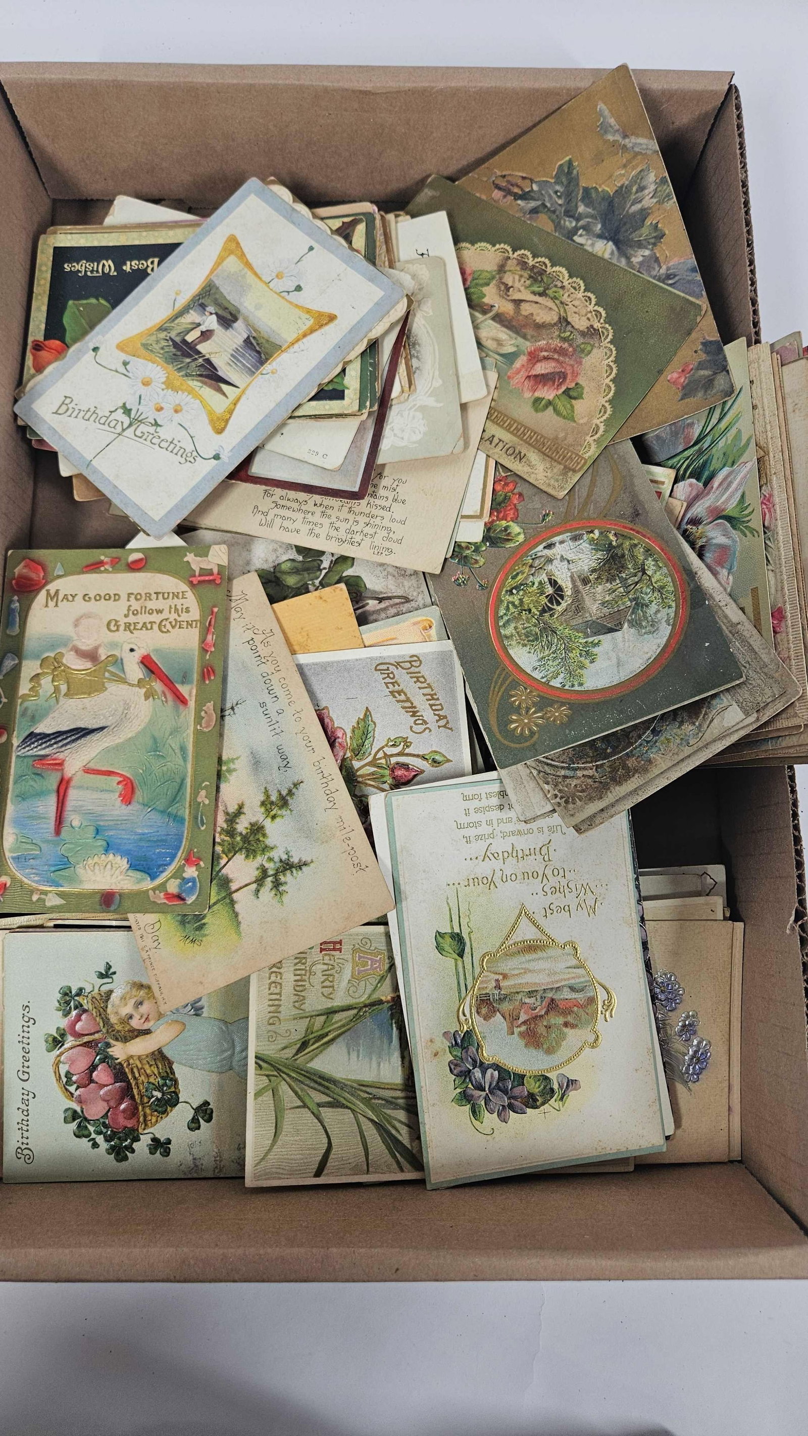 BIRTHDAY AND BABY SHOWER POSTCARDS: EARLY 1900S, OVER 125 POSTCARDS. SOME WITH GREAT SANTA AND OTHER IMAGES