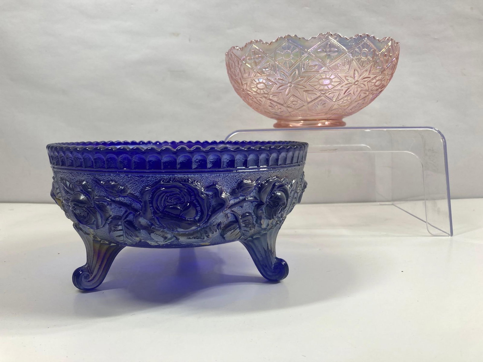 IMPERIAL GLASS IRIDESCENT BOWLS: FOOTED ROSE BOWL 8 IN DIAMETER X 4 INCHES. LENOX IMPERIAL BOWL W DAISY DESIGN IS 7.5X3. BOTH ARE FREE OF CHIPS OR CRACKS
