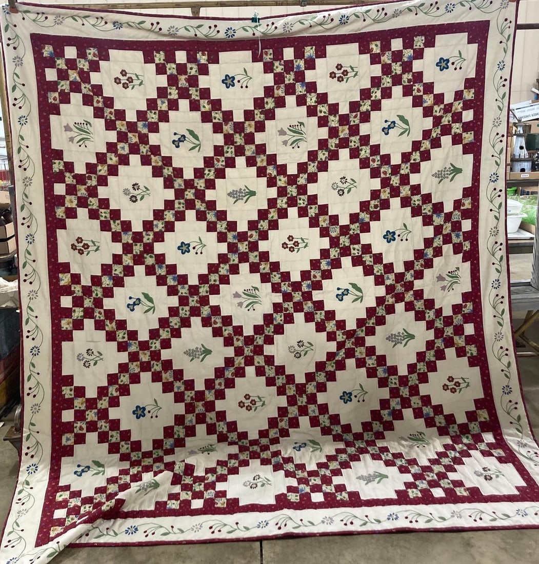 FLORAL IRISH CHAIN QUILT: A FEW SMALLER STAINS AND SMALL TEAR. 85X98