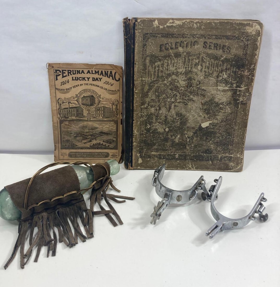 1800S HAND BLOWN BOTTLE, STIRRUPS, 1914 ALMANAC, AND GEOGRAPHIC BOOK (1 of 11)
