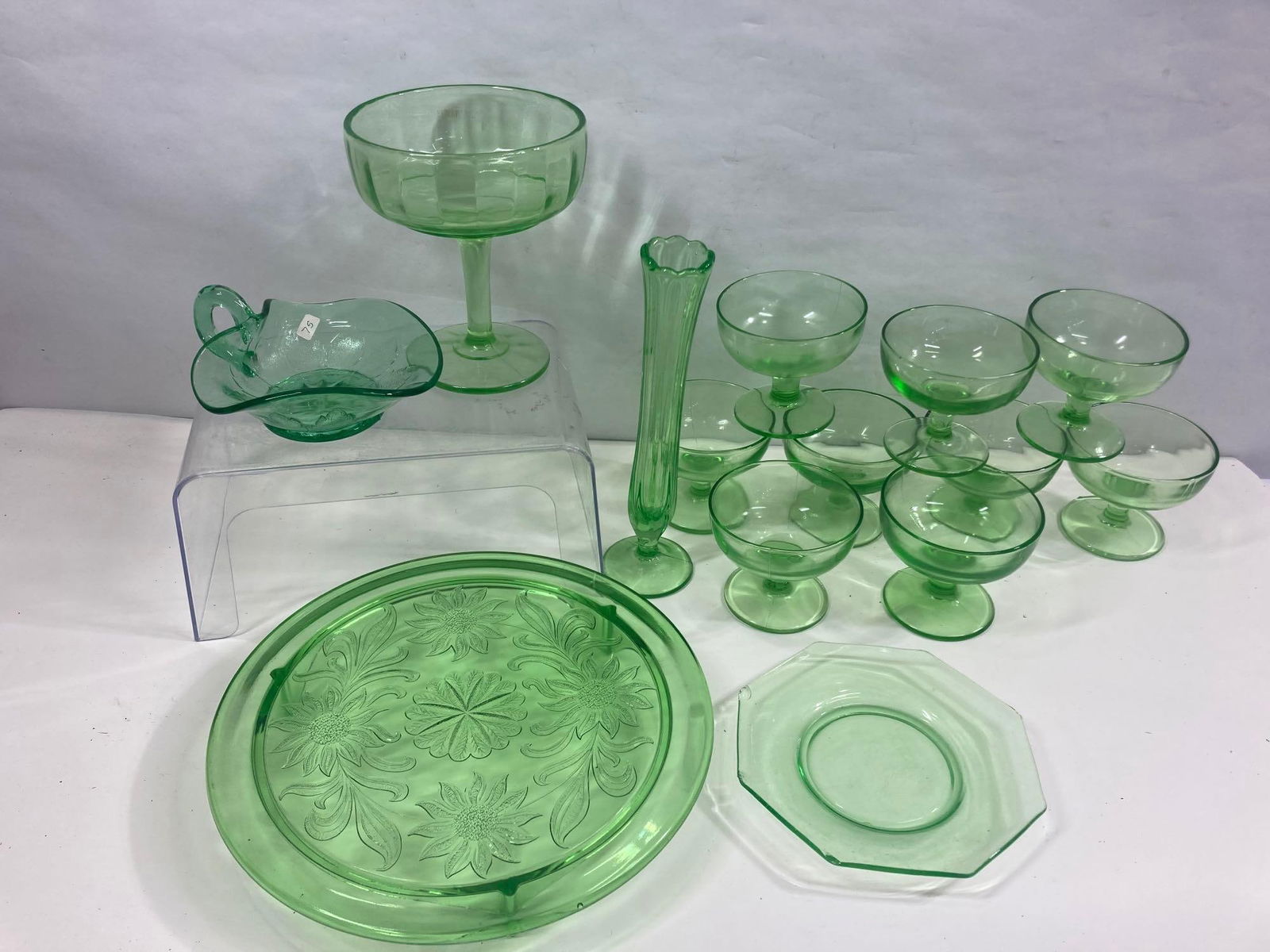 URANIUM GLASS BERRY CUPS, CAKE PLATTER, VASE AND DISHES (1 of 10)
