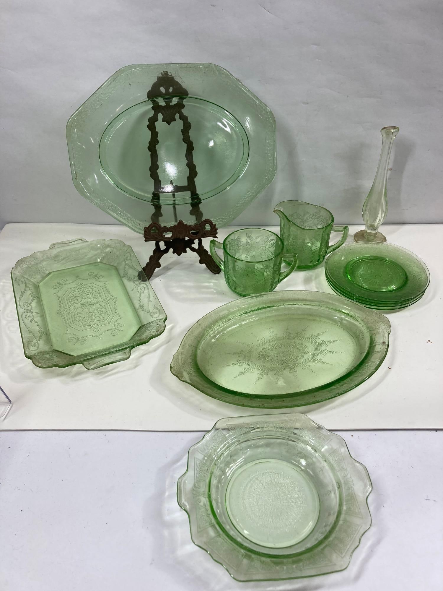 URANIUM AND GREEN GLASS CREAMER AND SUGAR, VASE, AND SERVING DISHES (1 of 8)
