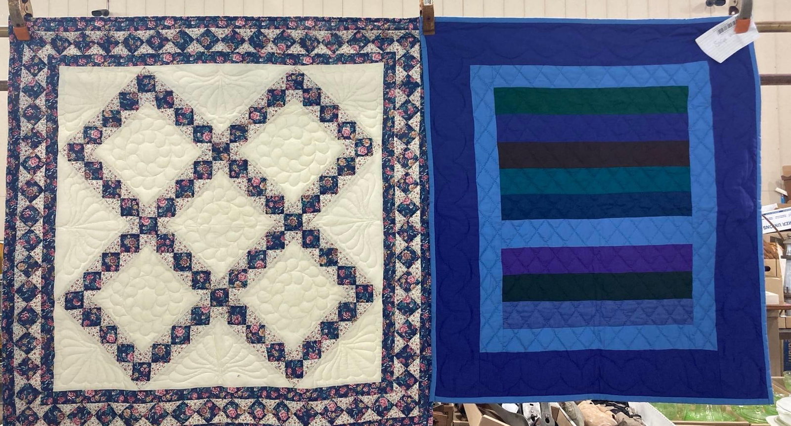 PAIR OF QUILTED BABY QUILTS: STRIPES 28X33, AND DIAMOND 41X44. BOTH ARE CLEAN WITH NO MAJOR ISSUES.
