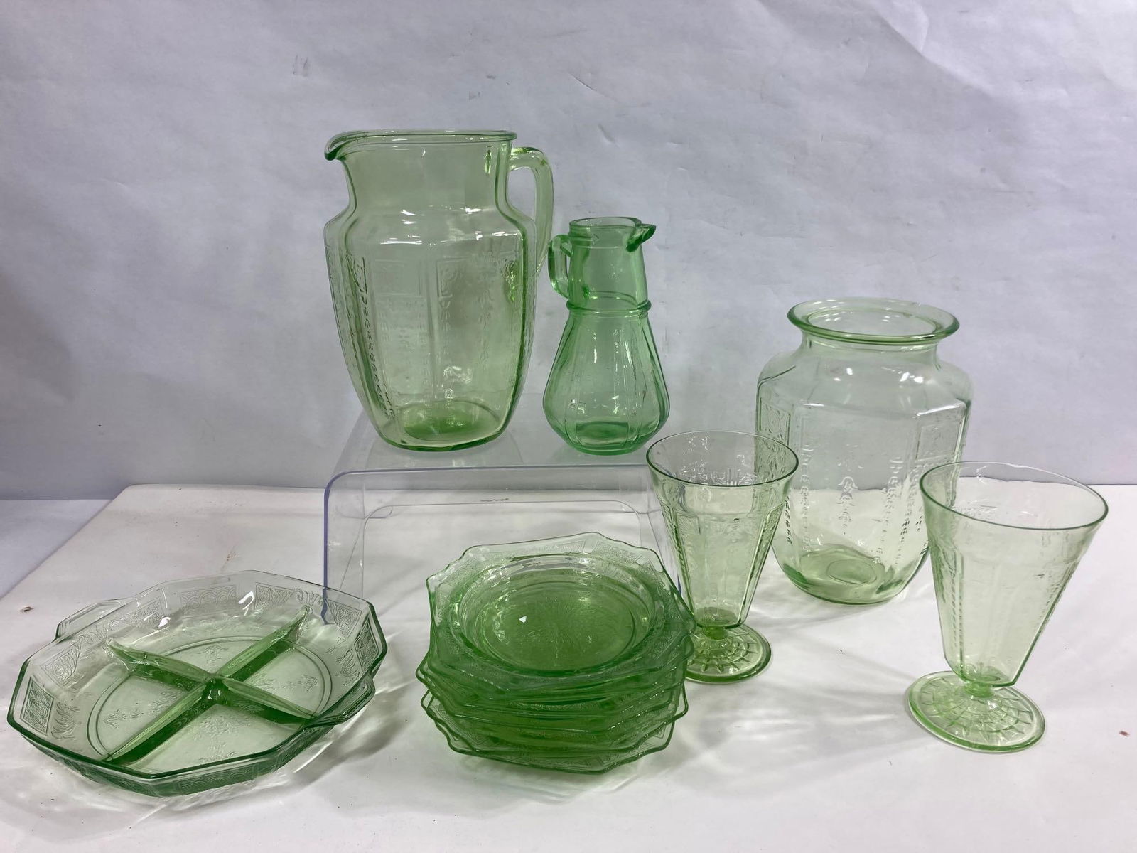 URANIUM GLASS WATER PITCHER, PLATES, AND MORE (1 of 11)