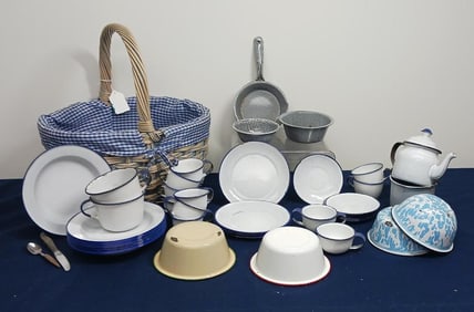 ENAMEL PLATES, CUPS, BOWLS, AND MORE