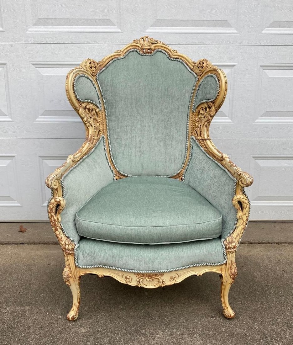 LOUIS XV WINGBACK CHAIR: EXCELLENT CONDITION, WITH CLEAN SEATING AND VERY DETAILED BODY. 45X32