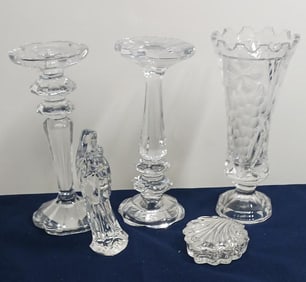 BRILLIANT CUT GLASS VASE,CANDLE HOLDERS, TRINKET DISH AND MOTHER MARY