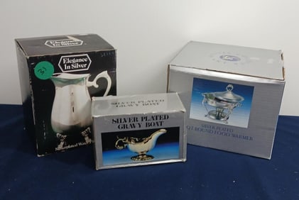 ELEGANCE IN SILVER GRAVY BOAT, PITCHER AND CHAFING DISH