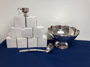 SILVER PLATED PUNCH BOWL AND MUGS