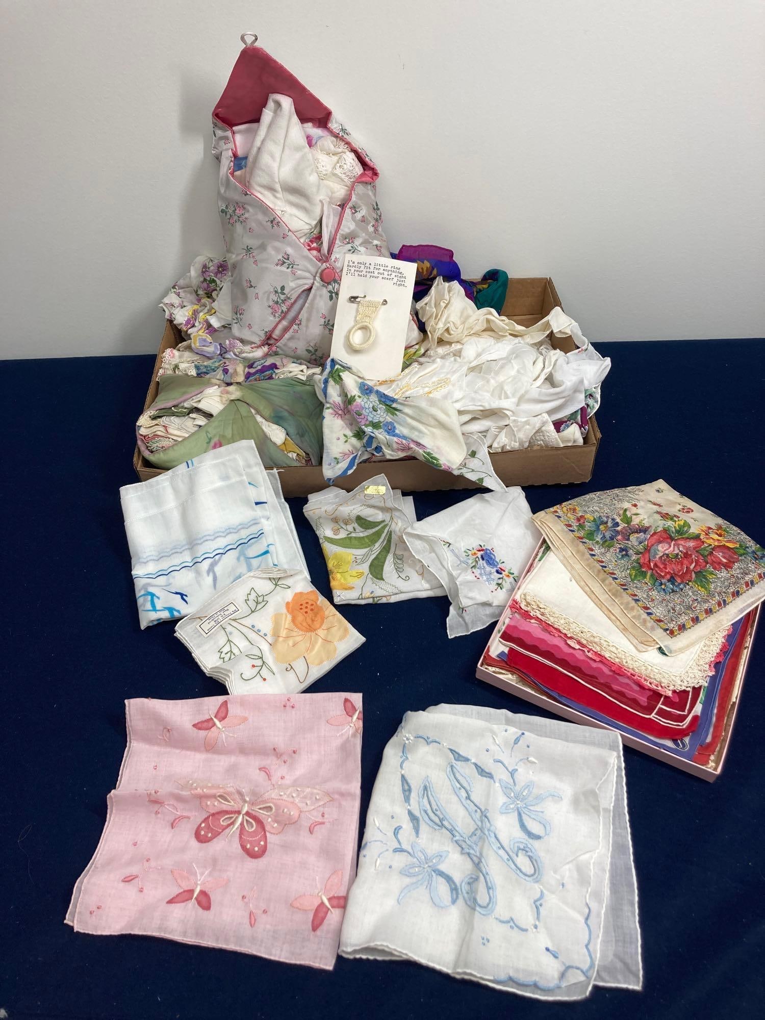 EMBROIDERED AND DECORATED VINTAGE HANKIES: MANY PATTERNS, SOME MAY NEED CLEANING DUE TO STORAGE DUST