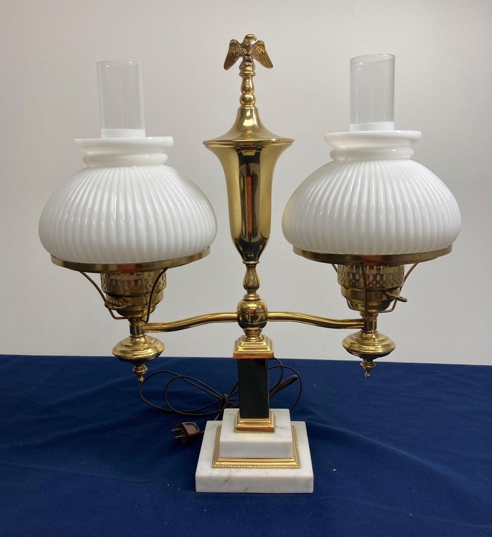 BRASS EAGLE AND MILK GLASS STUDENT DESK LAMP (1 of 6)