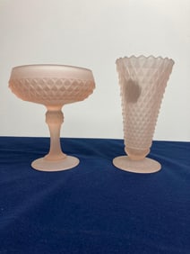 INDIANA GLASS FROSTED SATIN DIAMOND POINT COMPOTE AND VASE