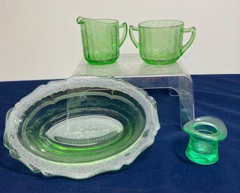 URANIUM GLASS HAT AND DISHES